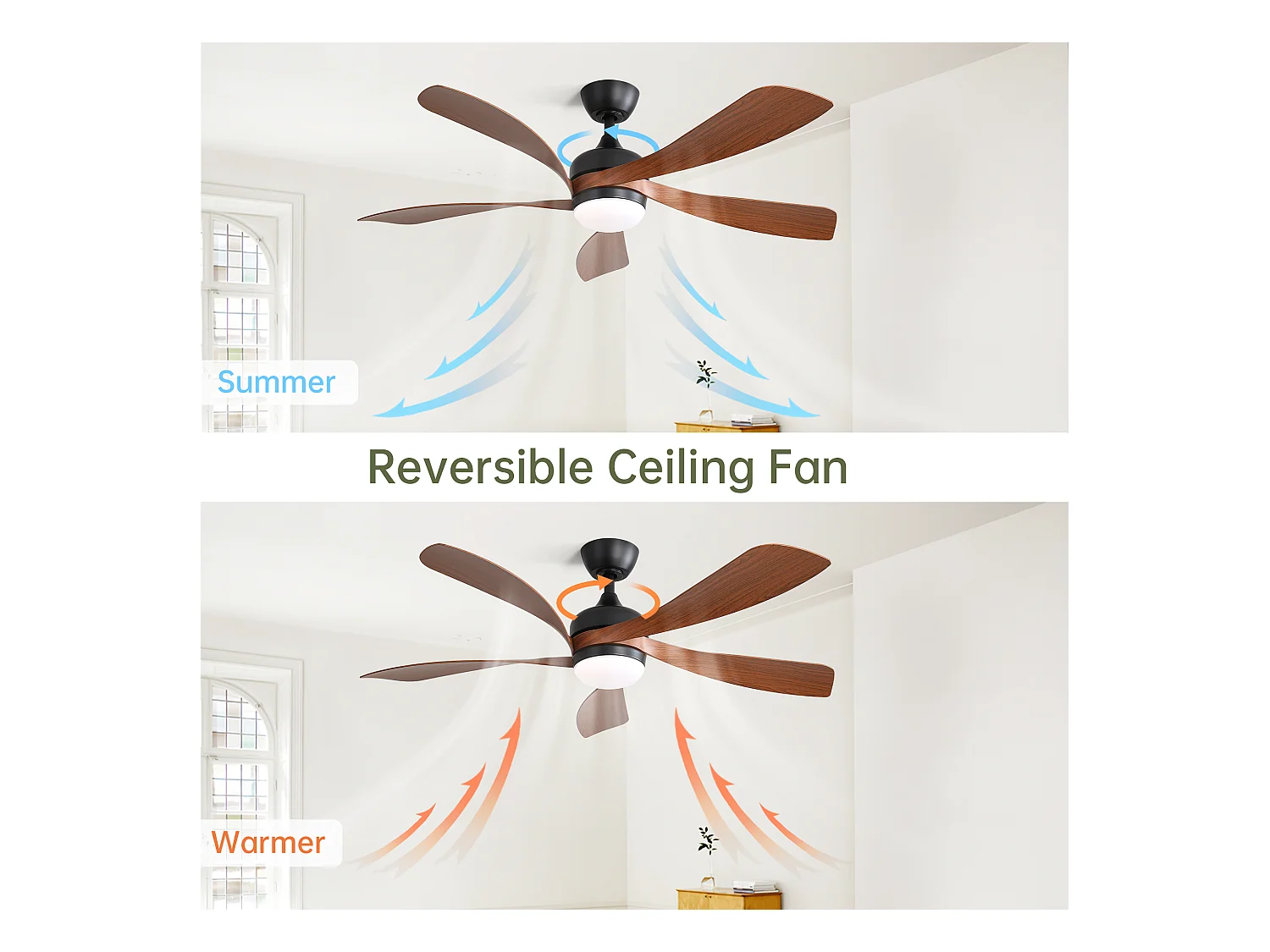 Ventilateur de plafond moderne 52" avec lumière LED 3 couleurs dimmable, 5 pales ABS, télécommande et moteur DC réversible, noir (131x131x35cm)