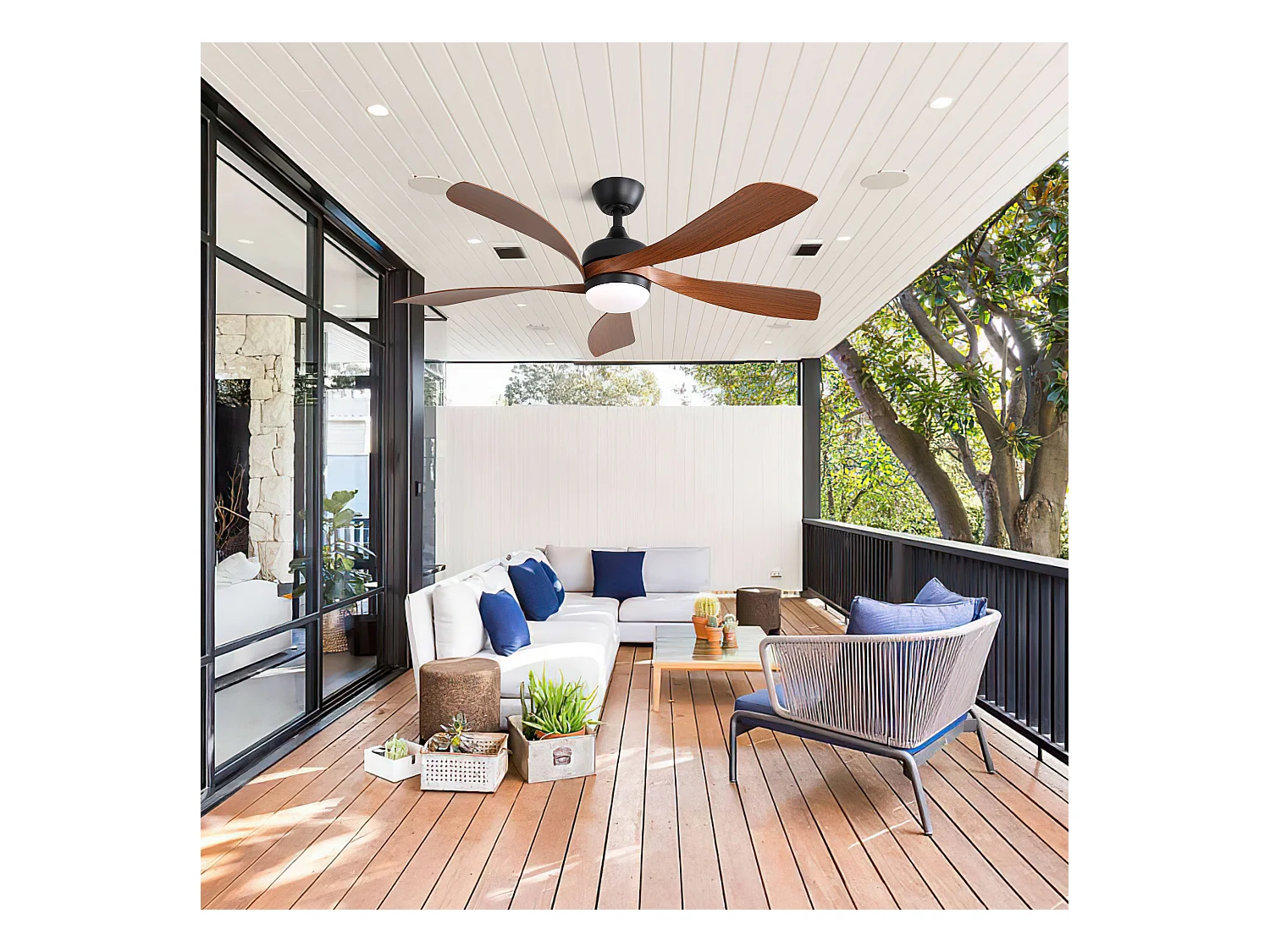 Ventilateur de plafond moderne 52" avec lumière LED 3 couleurs dimmable, 5 pales ABS, télécommande et moteur DC réversible, noir (131x131x35cm)