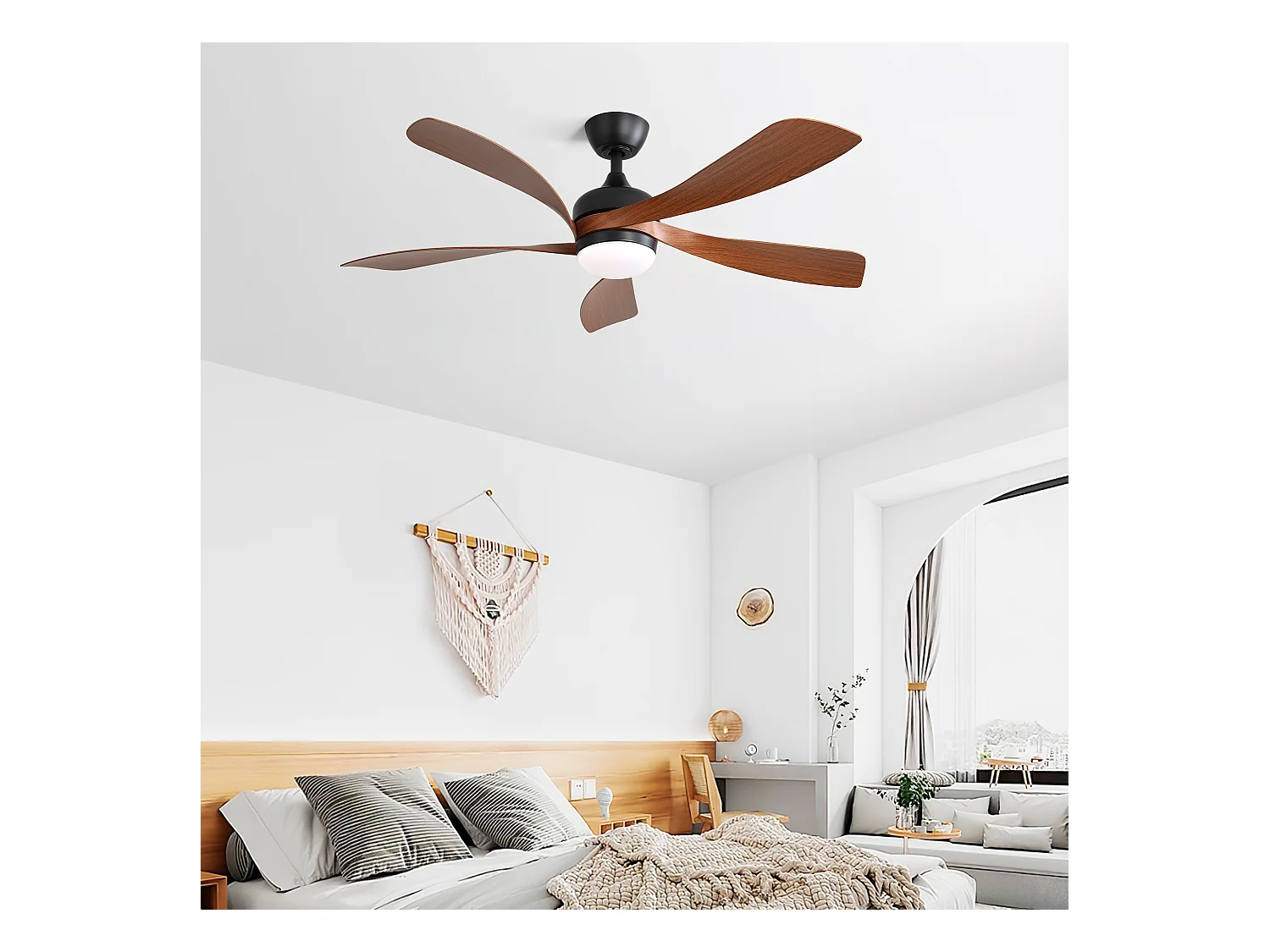 Ventilateur de plafond moderne 52" avec lumière LED 3 couleurs dimmable, 5 pales ABS, télécommande et moteur DC réversible, noir (131x131x35cm)