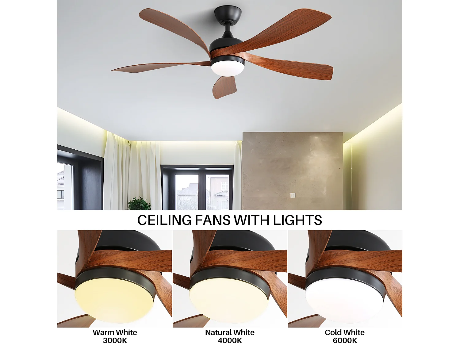 Ventilateur de plafond moderne 52" avec lumière LED 3 couleurs dimmable, 5 pales ABS, télécommande et moteur DC réversible, noir (131x131x35cm)