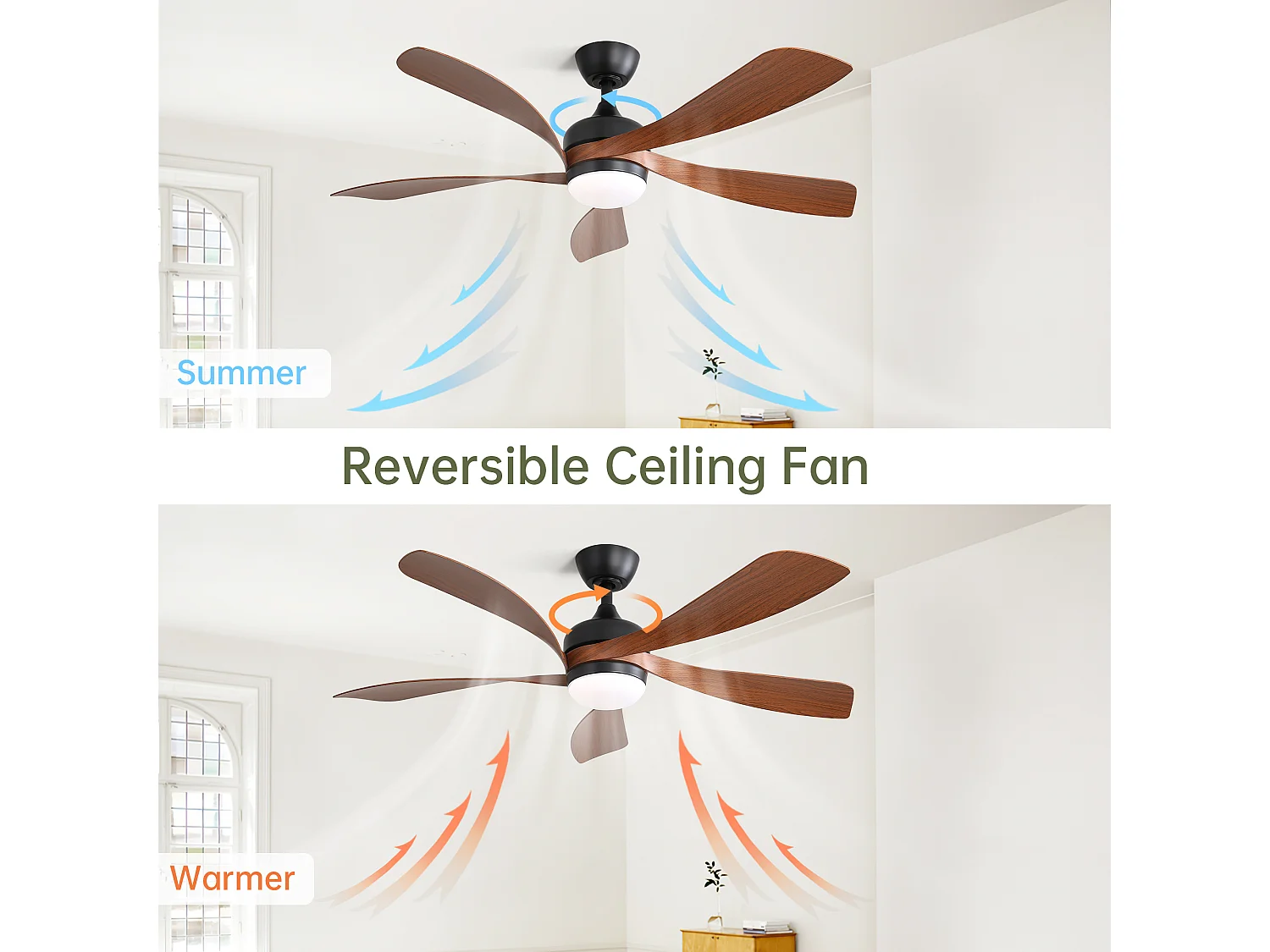 Ventilateur de plafond moderne 52" avec lumière LED 3 couleurs dimmable, 5 pales ABS, télécommande et moteur DC réversible, noir (131x131x35cm)