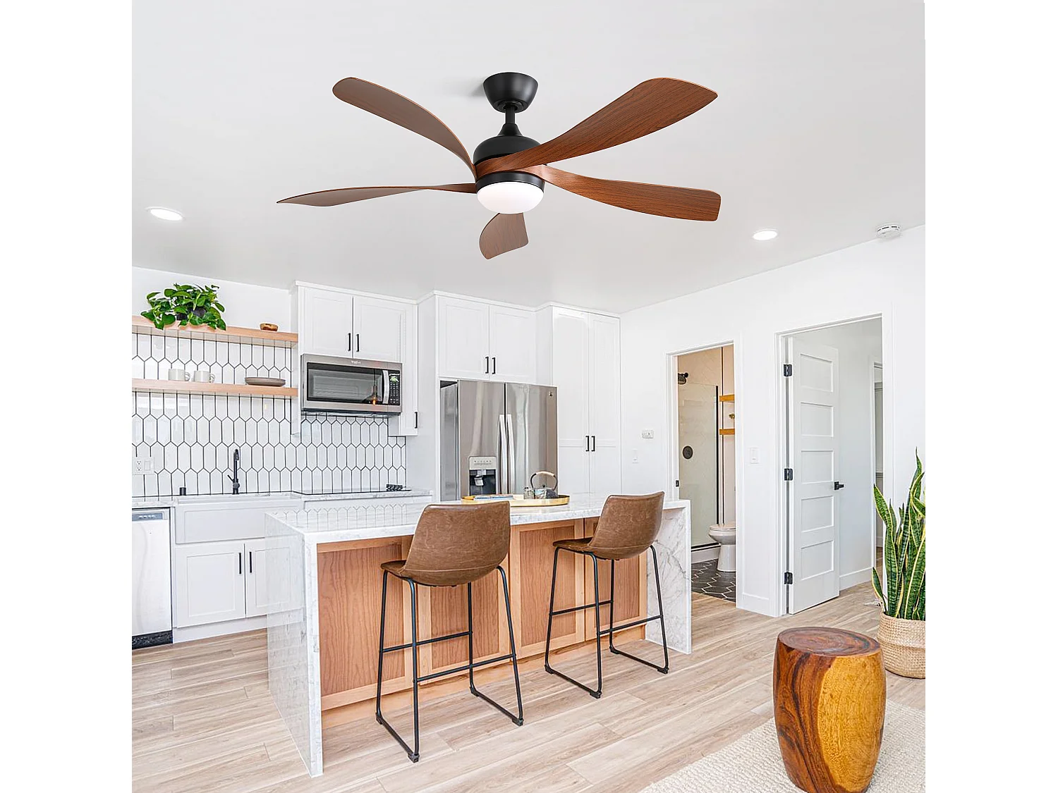 Ventilateur de plafond moderne 52" avec lumière LED 3 couleurs dimmable, 5 pales ABS, télécommande et moteur DC réversible, noir (131x131x35cm)