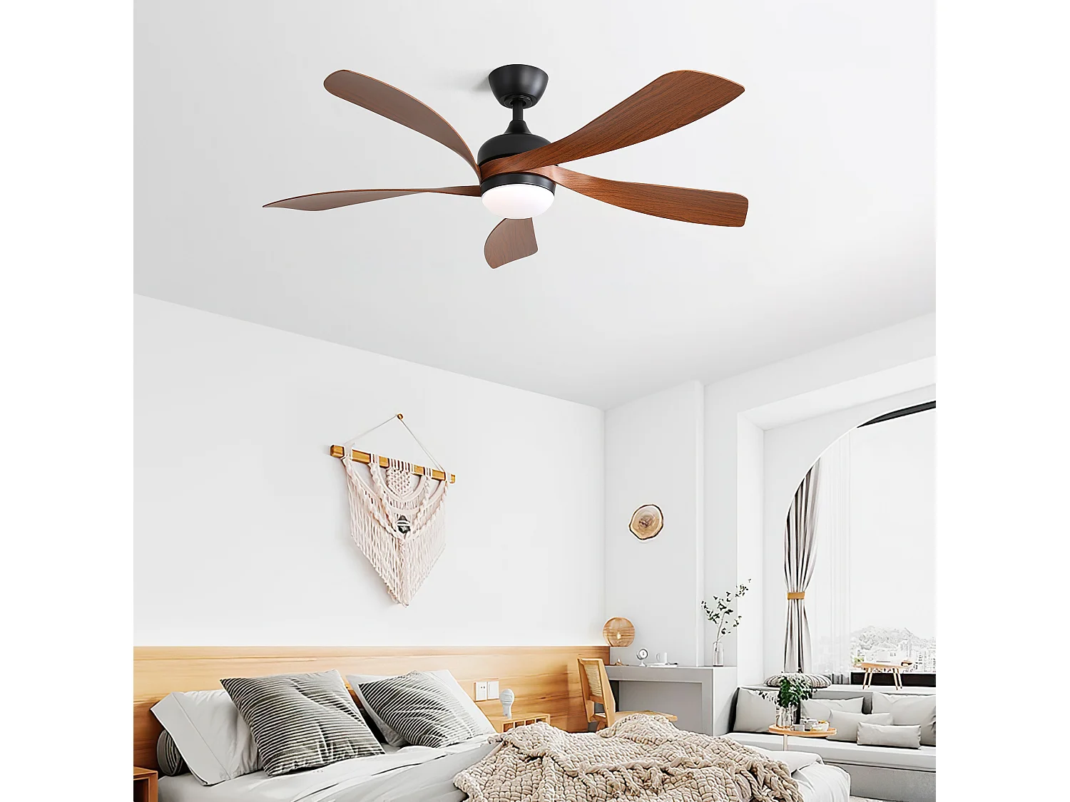 Ventilateur de plafond moderne 52" avec lumière LED 3 couleurs dimmable, 5 pales ABS, télécommande et moteur DC réversible, noir (131x131x35cm)