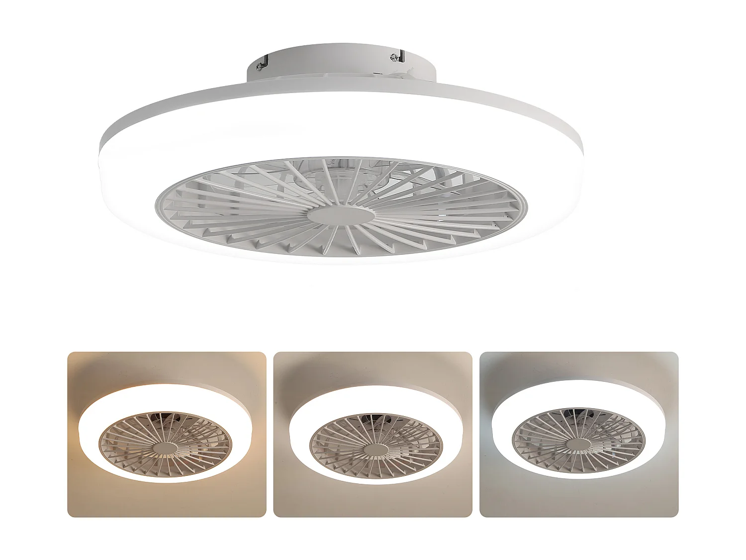 Bladloze plafondventilator met licht en afstandsbediening, modern design, ABS, wit, inbouw (45,7 x 45,7 x 14,5 cm)