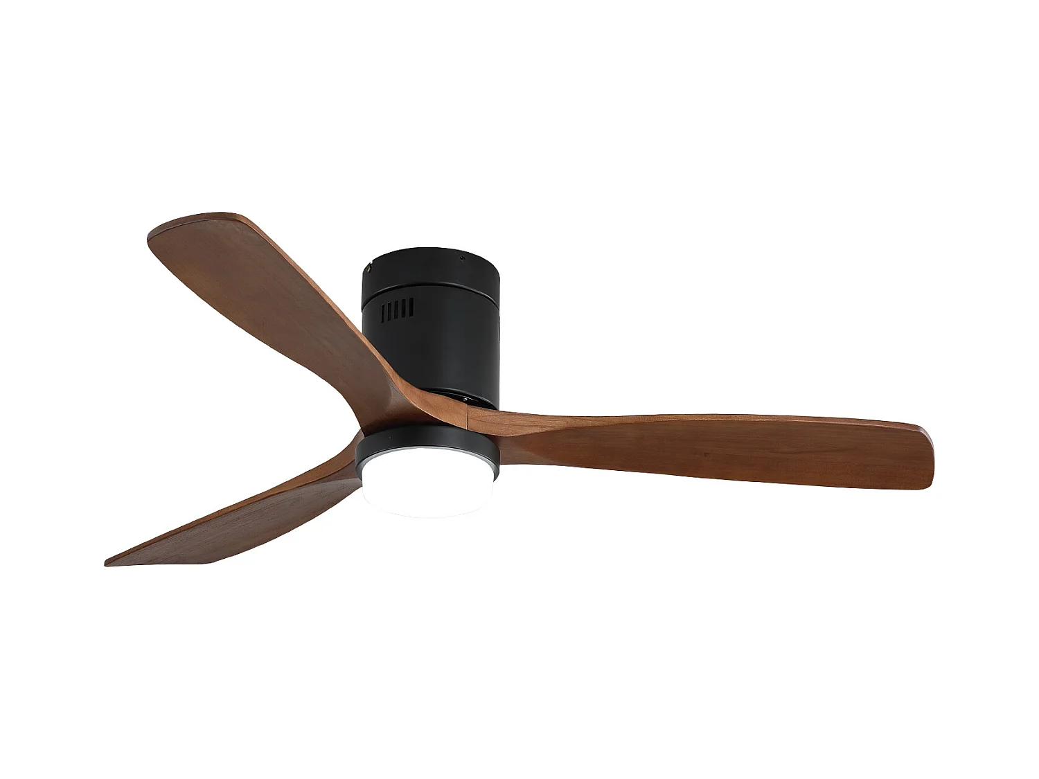Ventilatore da soffitto per interni con luce, 3 pale in legno massello, motore silenzioso e reversibile, telecomando, nero (132x132x30 cm)