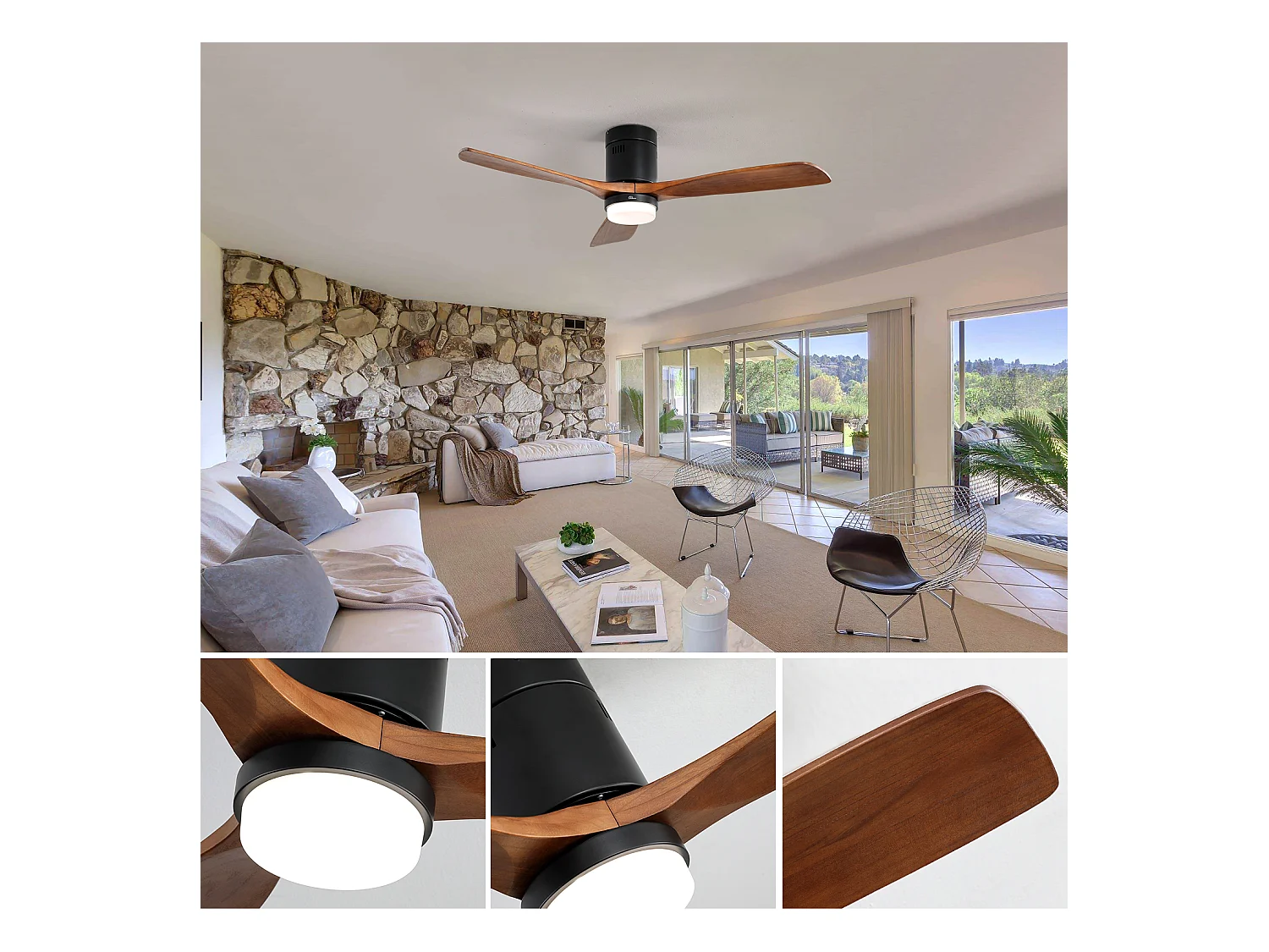 Ventilatore da soffitto per interni con luce, 3 pale in legno massello, motore silenzioso e reversibile, telecomando, nero (132x132x30 cm)