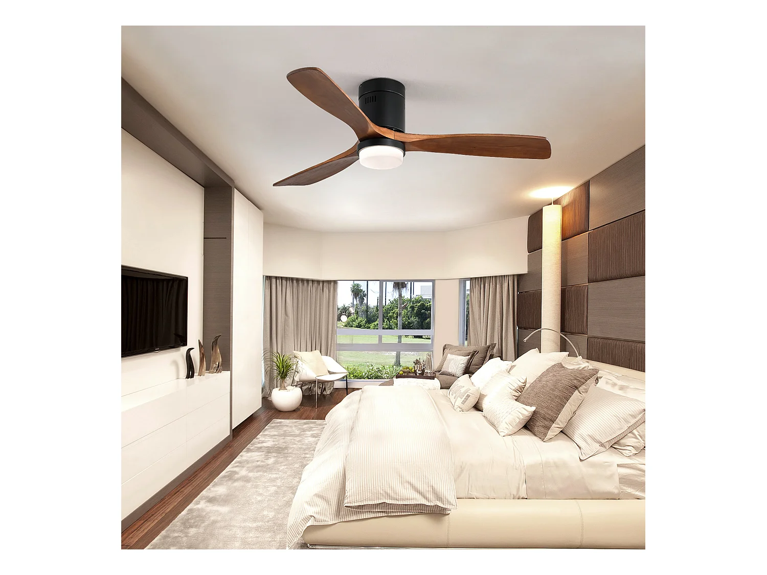 Ventilatore da soffitto per interni con luce, 3 pale in legno massello, motore silenzioso e reversibile, telecomando, nero (132x132x30 cm)