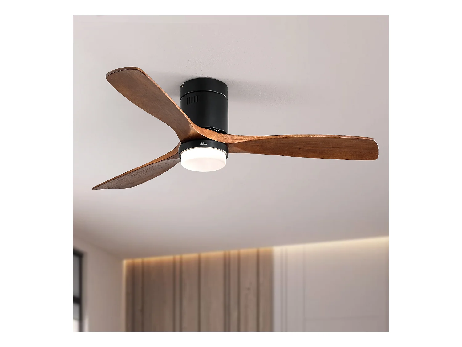 Ventilatore da soffitto per interni con luce, 3 pale in legno massello, motore silenzioso e reversibile, telecomando, nero (132x132x30 cm)