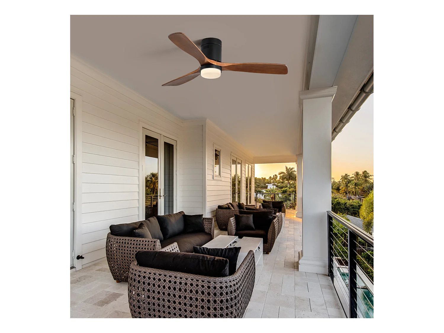 Ventilatore da soffitto per interni con luce, 3 pale in legno massello, motore silenzioso e reversibile, telecomando, nero (132x132x30 cm)