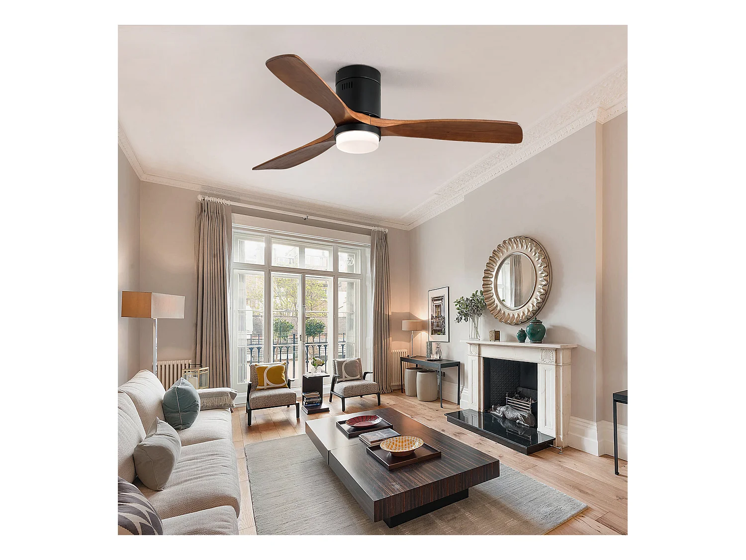 Ventilatore da soffitto per interni con luce, 3 pale in legno massello, motore silenzioso e reversibile, telecomando, nero (132x132x30 cm)