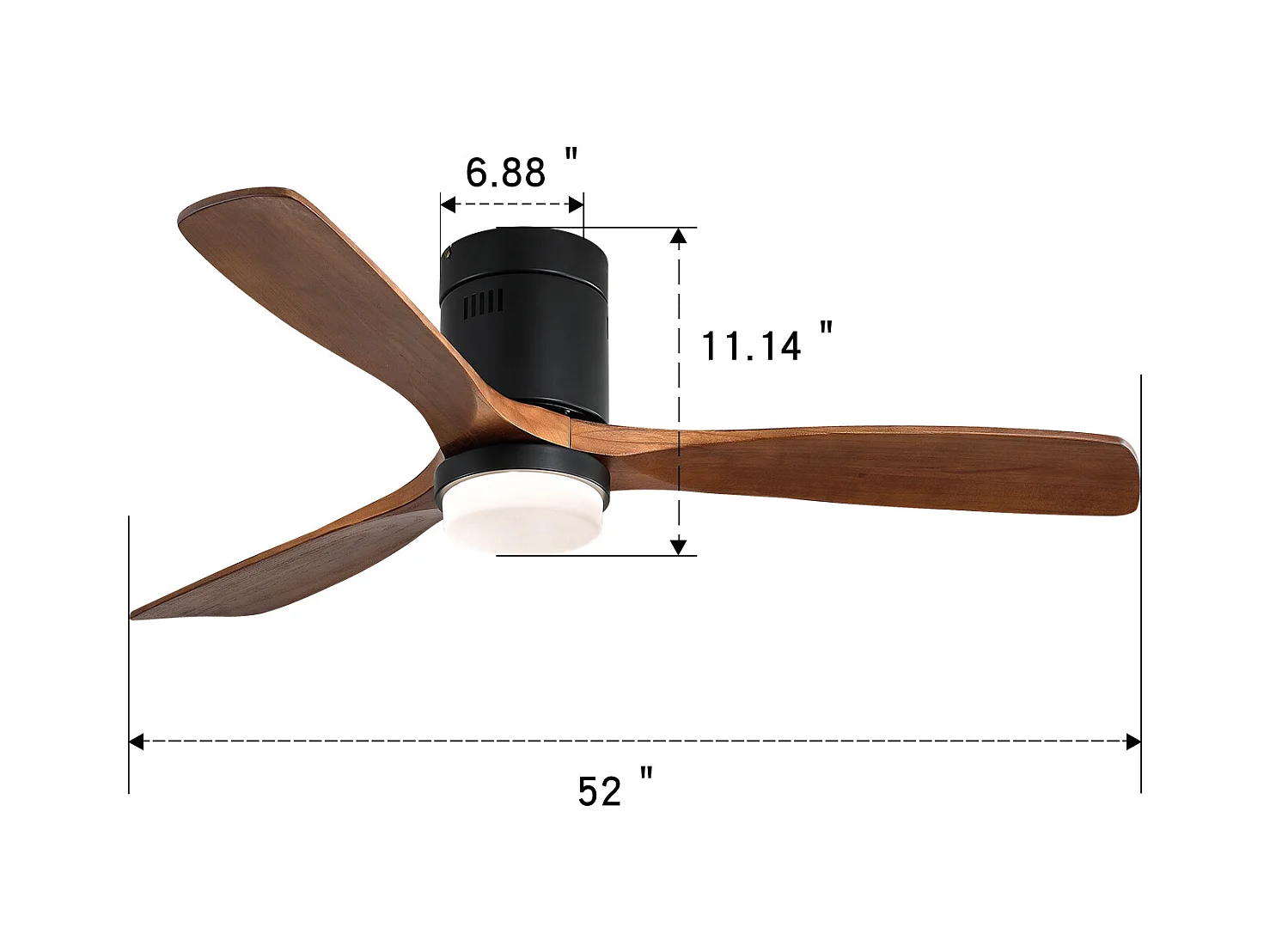 Ventilatore da soffitto per interni con luce, 3 pale in legno massello, motore silenzioso e reversibile, telecomando, nero (132x132x30 cm)