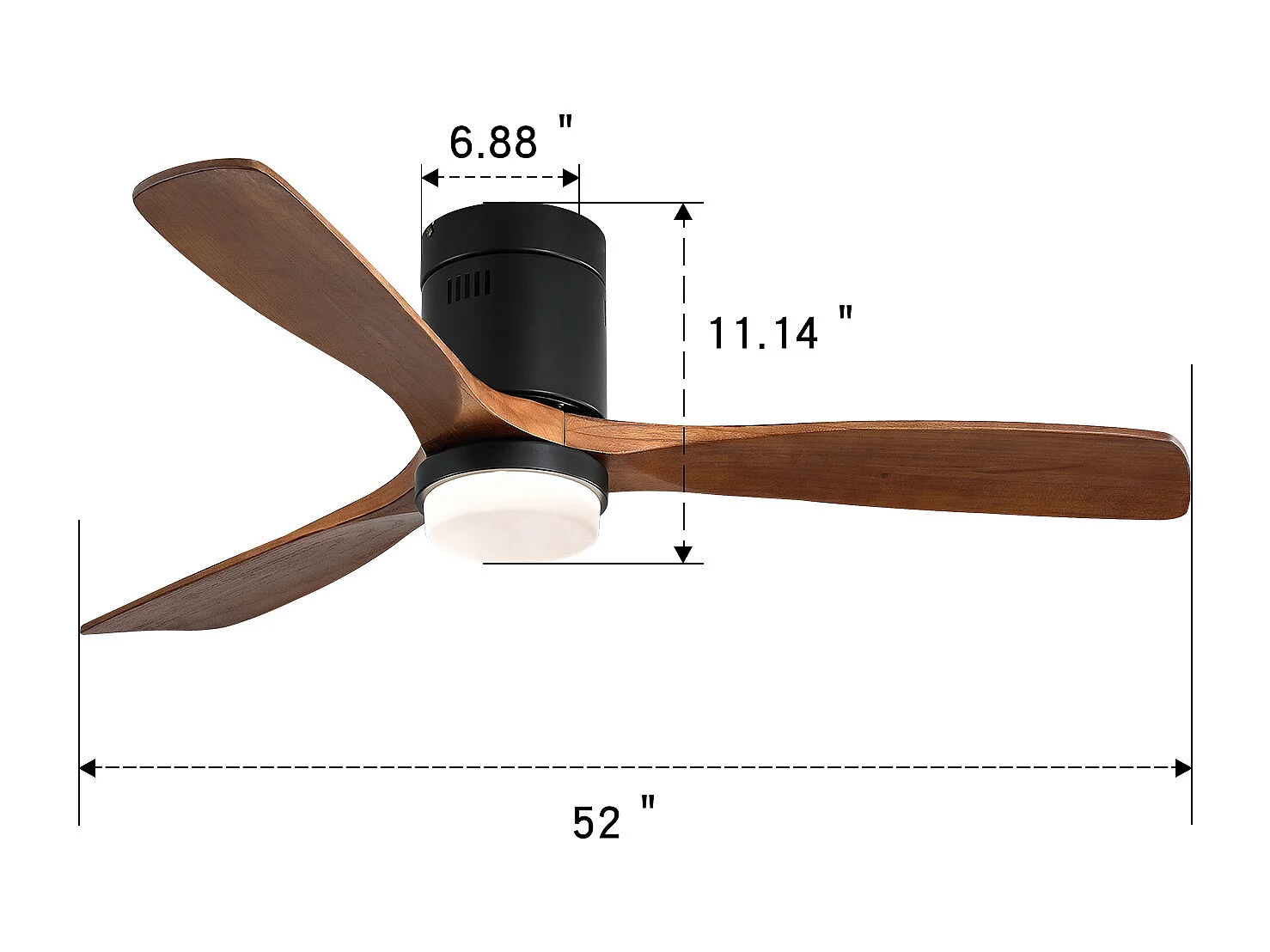 Plafondventilator voor binnen met licht, 3 massief houten bladen, stille en omkeerbare motor, afstandsbediening, zwart (132x132x30 cm)