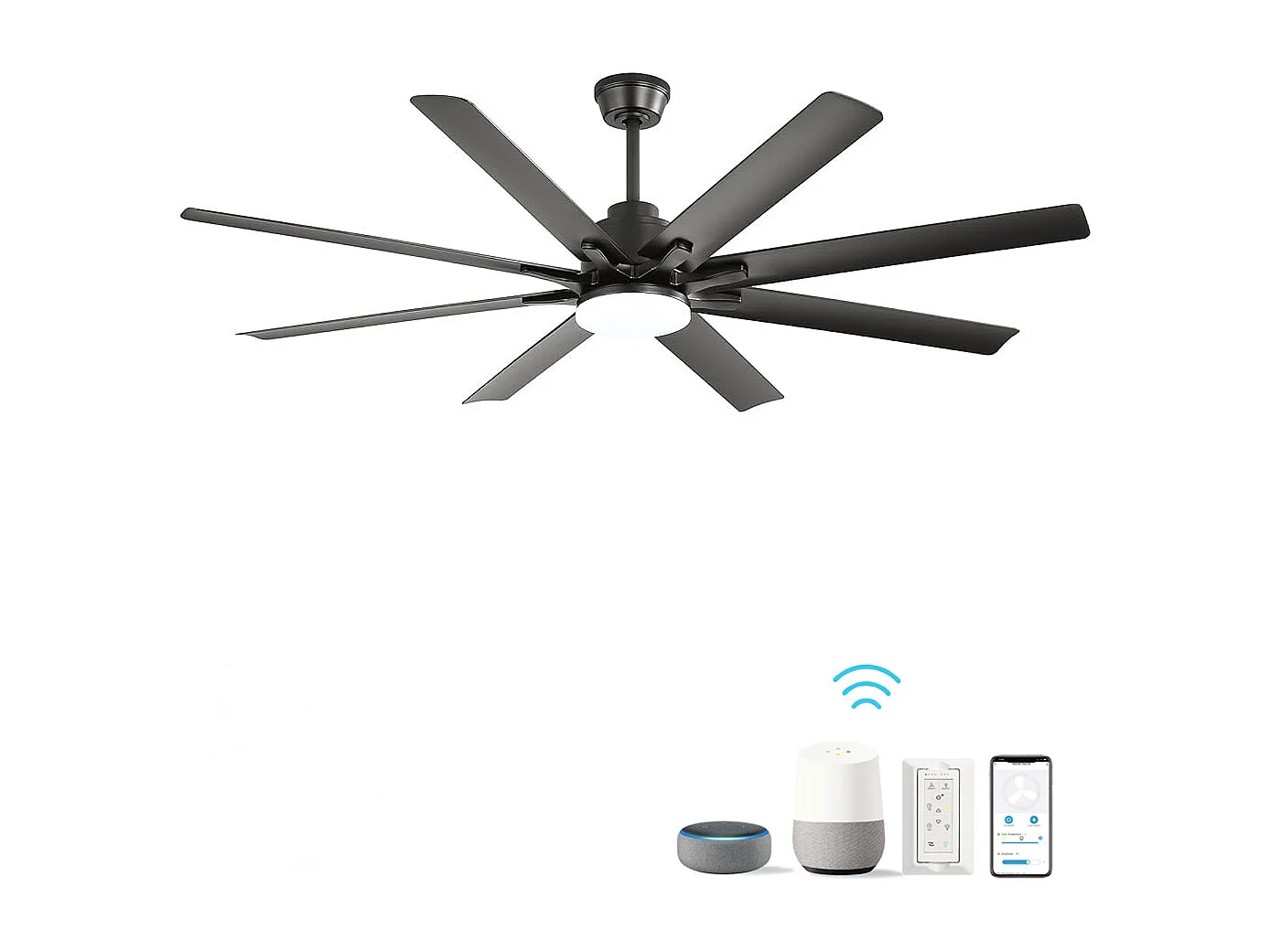 66 inch slimme plafondventilator met dimbare ledlamp, omkeerbare EC-motor, app-bediening en timer, ABS, zwart