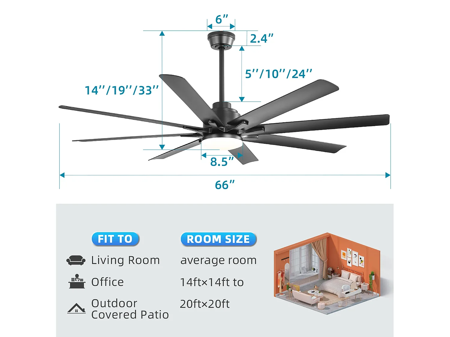66 inch slimme plafondventilator met dimbare ledlamp, omkeerbare EC-motor, app-bediening en timer, ABS, zwart