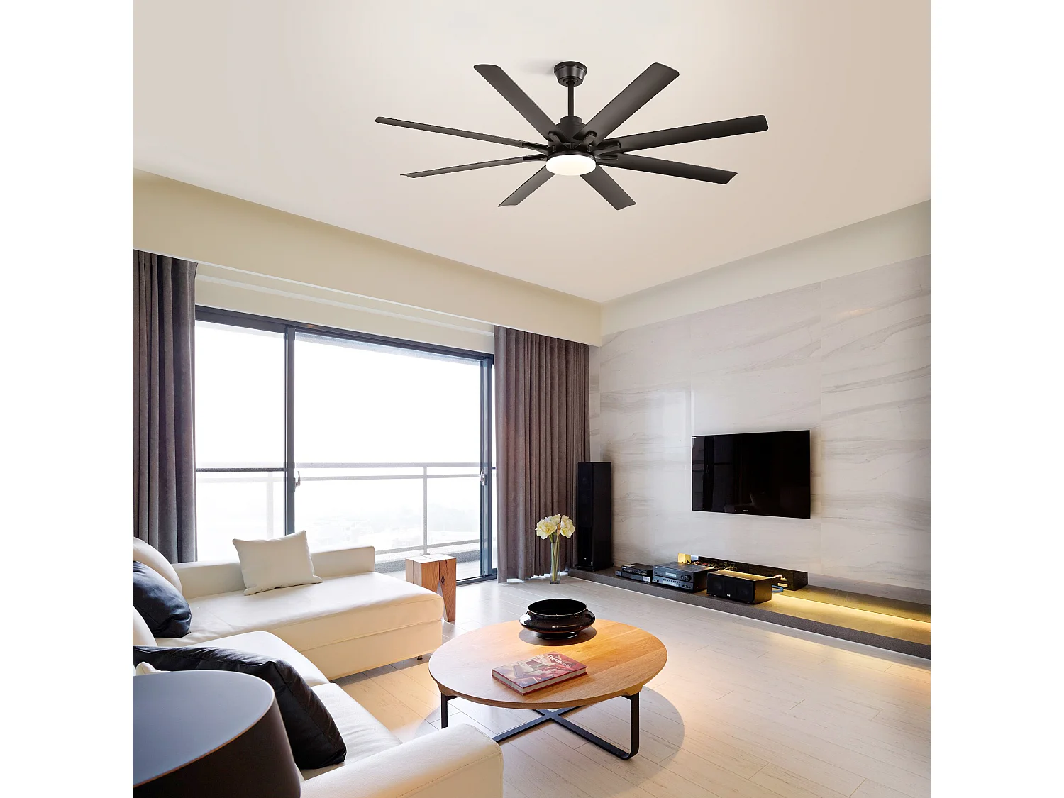 Ventilateur de plafond intelligent 66 pouces avec lumière LED dimmable, moteur EC réversible, commande par application et minuterie, ABS, noir