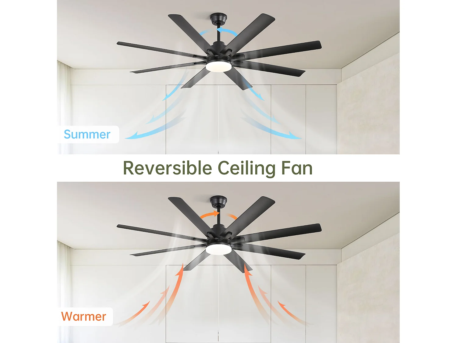 Ventilateur de plafond intelligent 66 pouces avec lumière LED dimmable, moteur EC réversible, commande par application et minuterie, ABS, noir