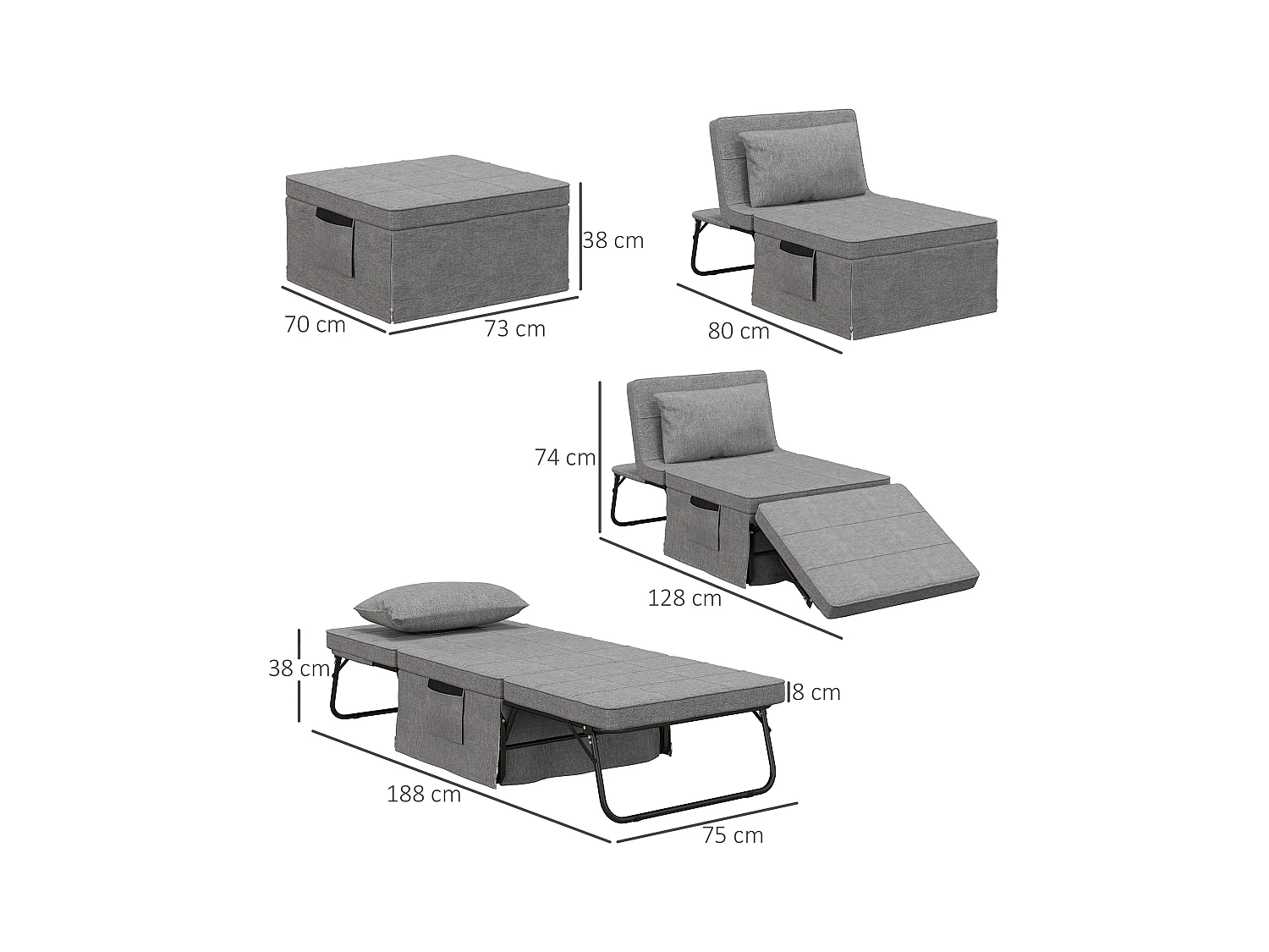 4-in-1 slaapbank, matras van 8 cm, 5-voudig verstelbaar, staal, grijs (188x75x38cm)