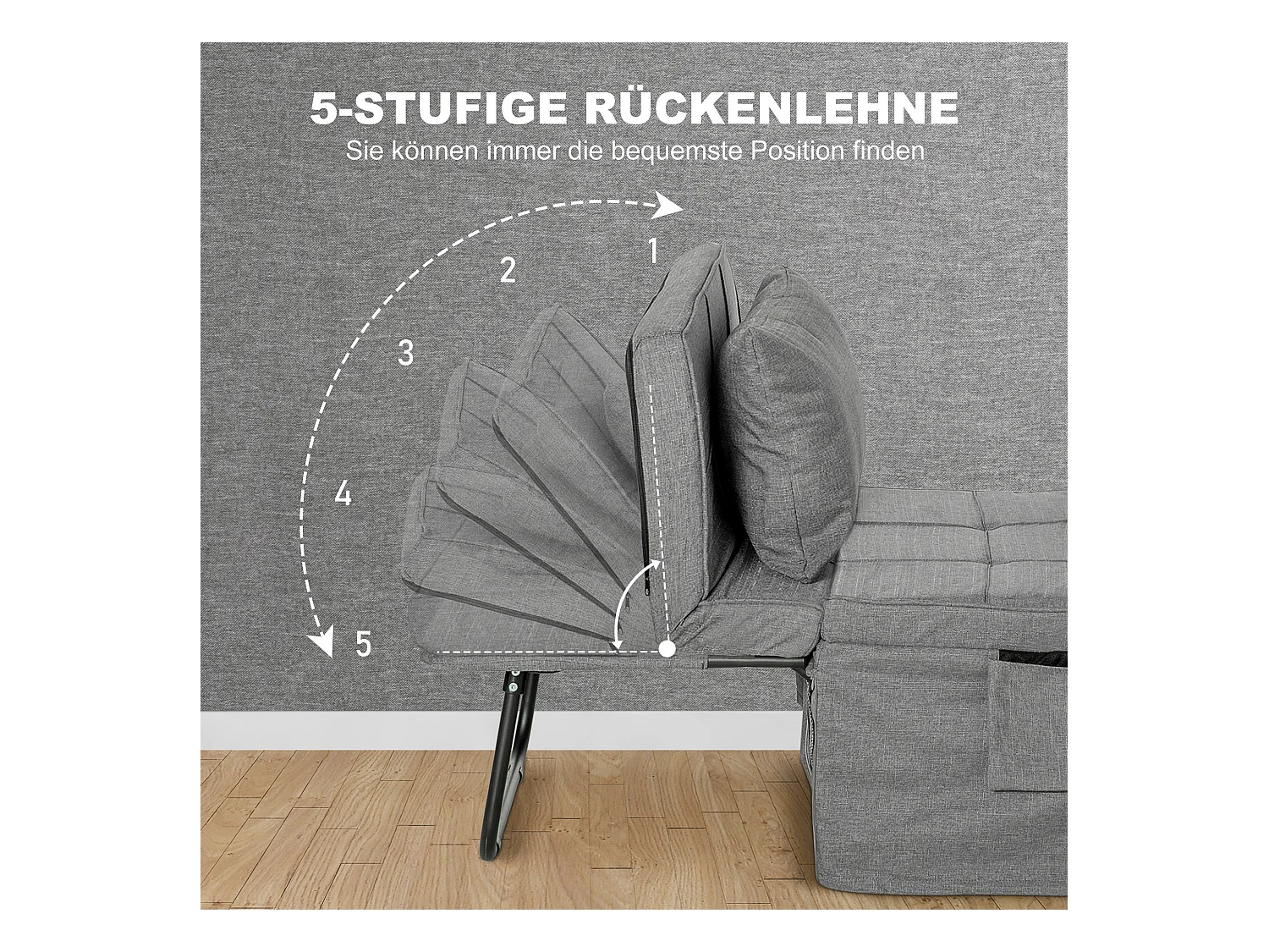 4-in-1 slaapbank, matras van 8 cm, 5-voudig verstelbaar, staal, grijs (188x75x38cm)