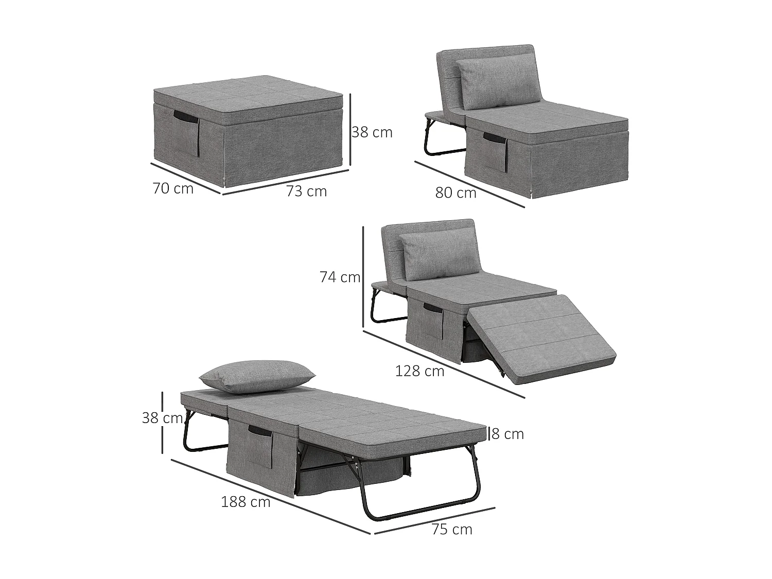 Canapé-lit convertible 4 en 1, matelas 8 cm, réglable 5 positions, acier, gris (188x75x38cm)