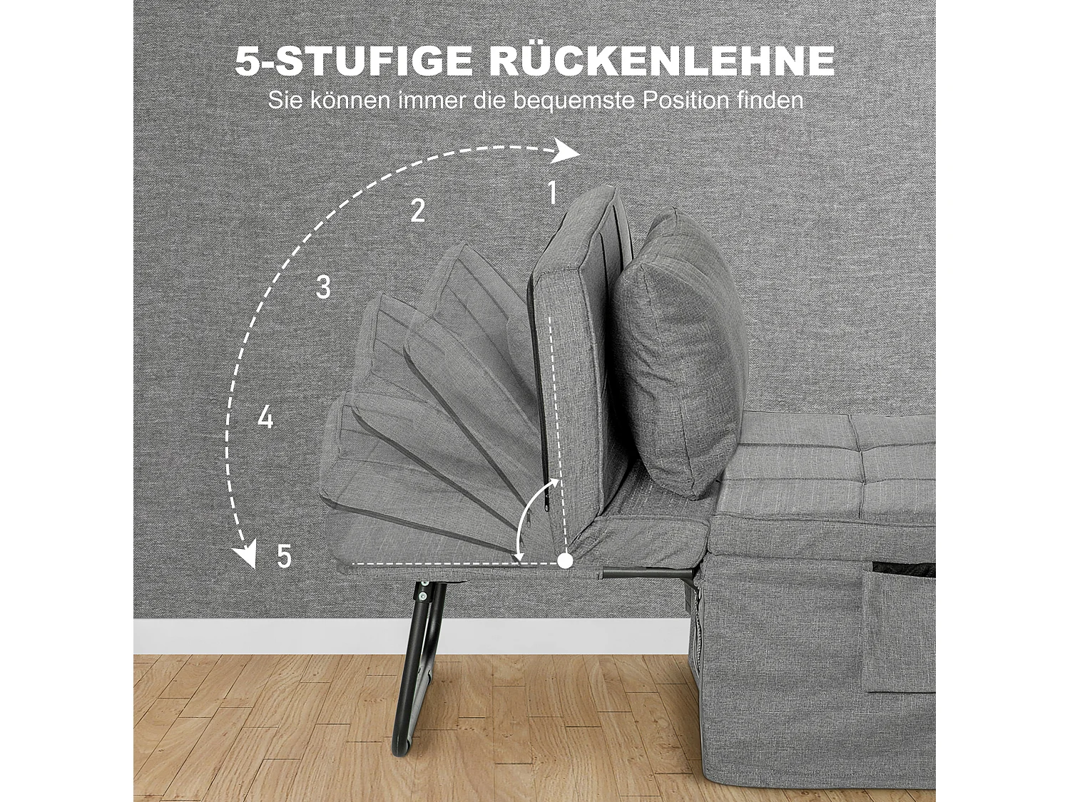 Canapé-lit convertible 4 en 1, matelas 8 cm, réglable 5 positions, acier, gris (188x75x38cm)