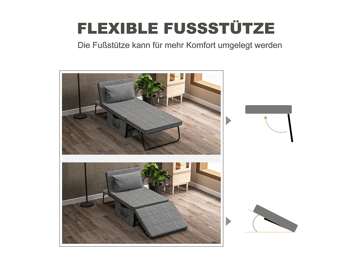 Canapé-lit convertible 4 en 1, matelas 8 cm, réglable 5 positions, acier, gris (188x75x38cm)