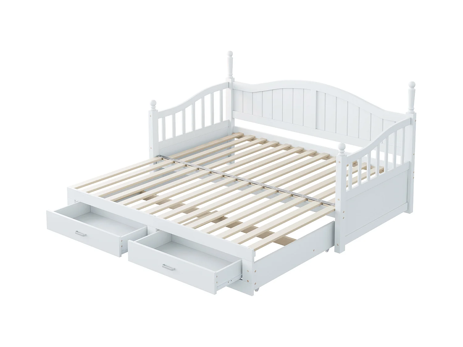 Canapé-lit extensible en bois massif, avec colonnes romaines, dossier et accoudoirs galbés, tiroirs et sommier à lattes, pin, blanc (197x97x95cm)