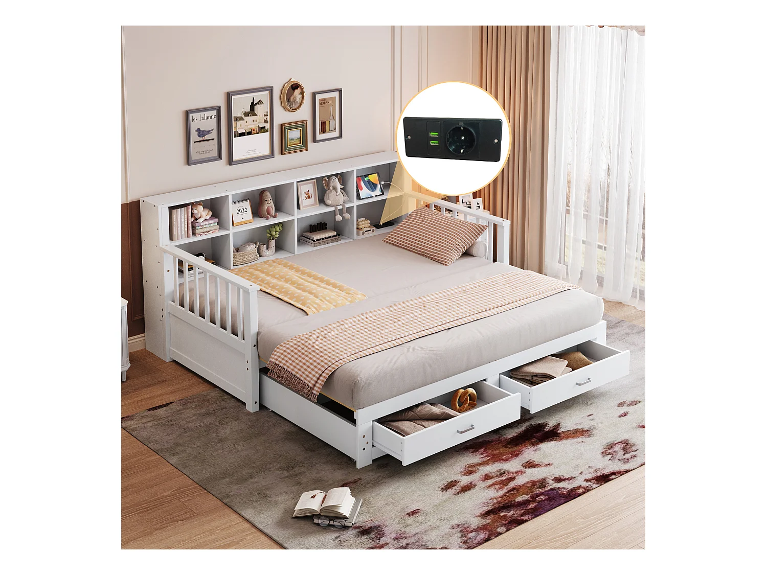 Canapé-lit extensible en bois massif, multifonctionnel avec rangement et prise électrique, pin, blanc (180x117x80 cm)