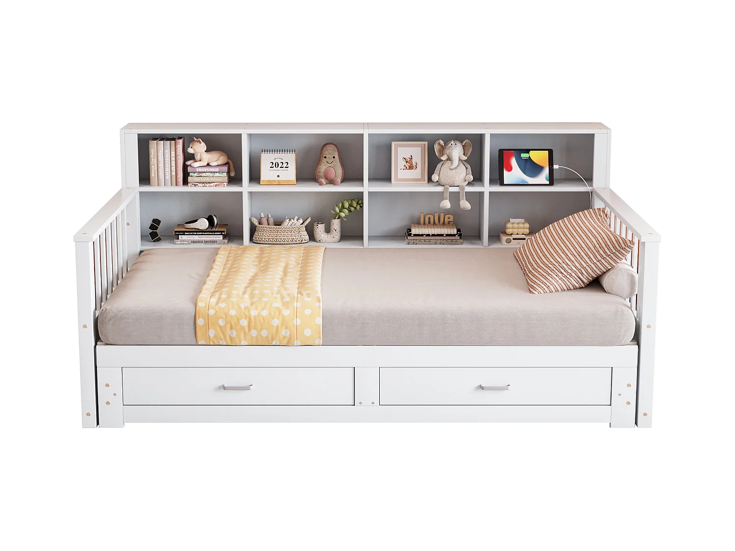 Canapé-lit extensible en bois massif, multifonctionnel avec rangement et prise électrique, pin, blanc (180x117x80 cm)