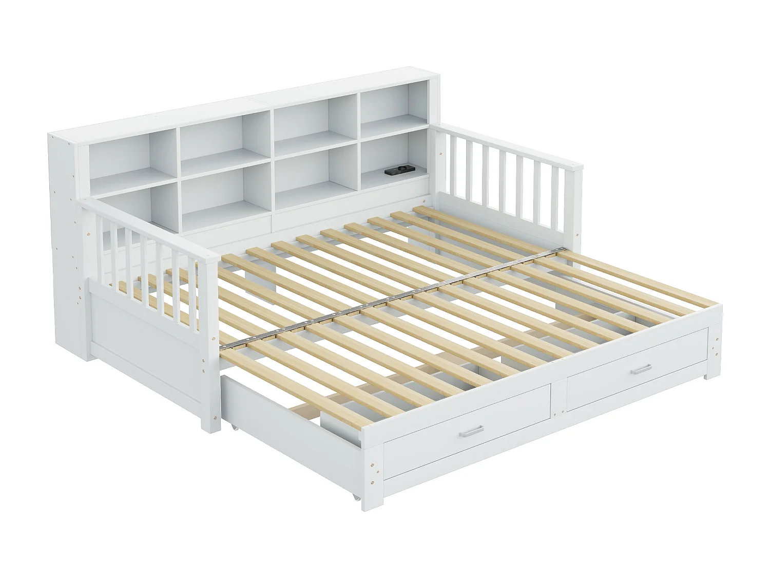 Canapé-lit extensible en bois massif, multifonctionnel avec rangement et prise électrique, pin, blanc (180x117x80 cm)