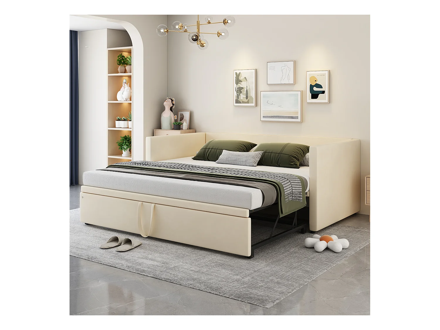 Canapé-lit extensible en velours peau-ami, 90/180x200 cm, avec sommier à lattes, beige (188x74x213 cm)