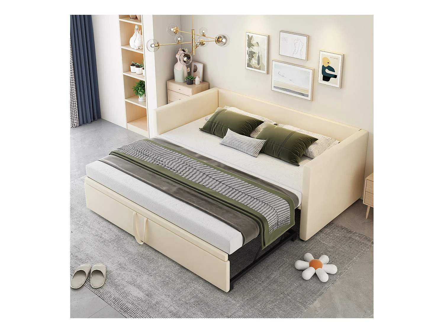 Canapé-lit extensible en velours peau-ami, 90/180x200 cm, avec sommier à lattes, beige (188x74x213 cm)