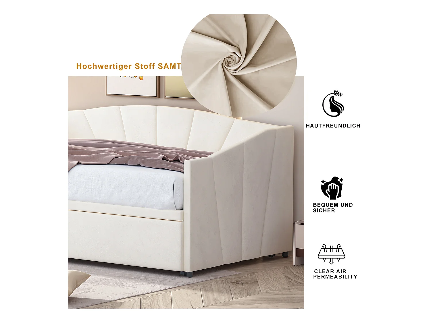 Canapé-lit escamotable en velours hypoallergénique, extensible 90/180x200 cm, avec sommier à lattes, beige (212x188x74 cm)