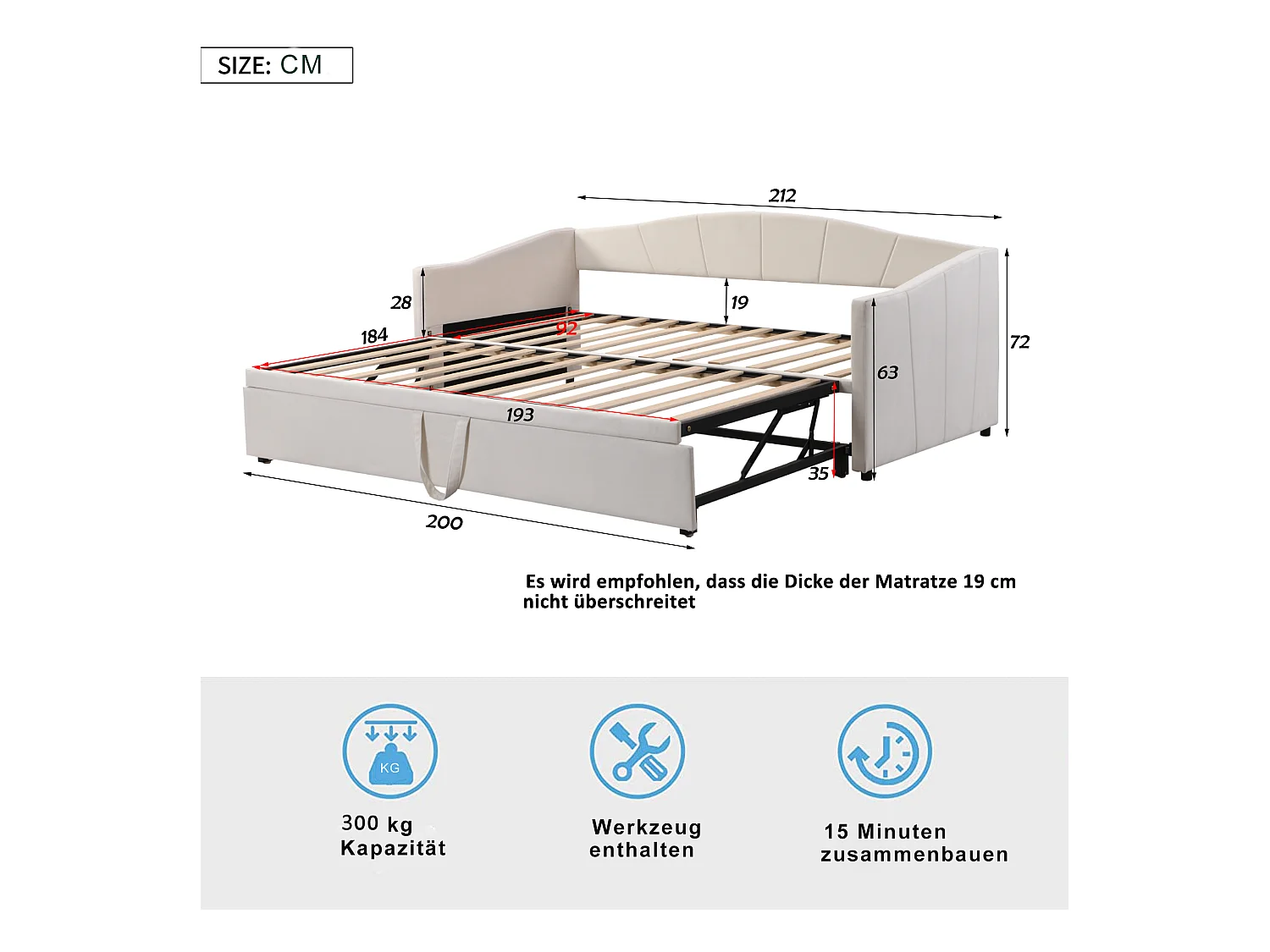 Canapé-lit escamotable en velours hypoallergénique, extensible 90/180x200 cm, avec sommier à lattes, beige (212x188x74 cm)