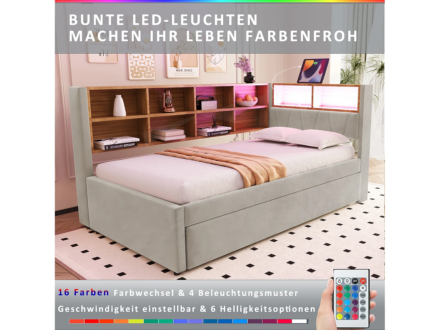 Multifunctionele slaapbank met LED en stopcontacten, flanel, lichtgrijs, uitschuifbaar (90x200 cm) (213x103x98 cm)