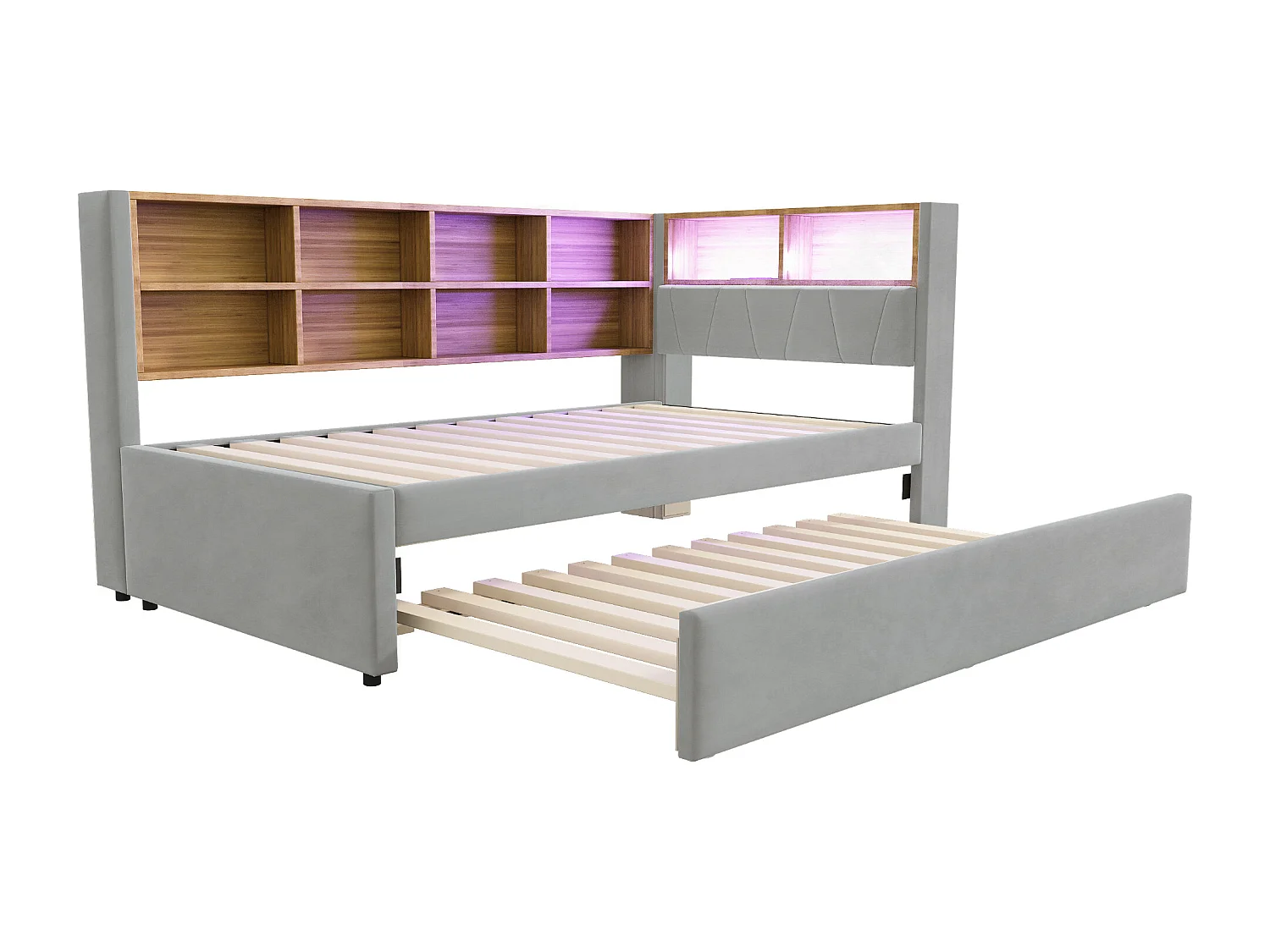 Multifunctionele slaapbank met LED en stopcontacten, flanel, lichtgrijs, uitschuifbaar (90x200 cm) (213x103x98 cm)