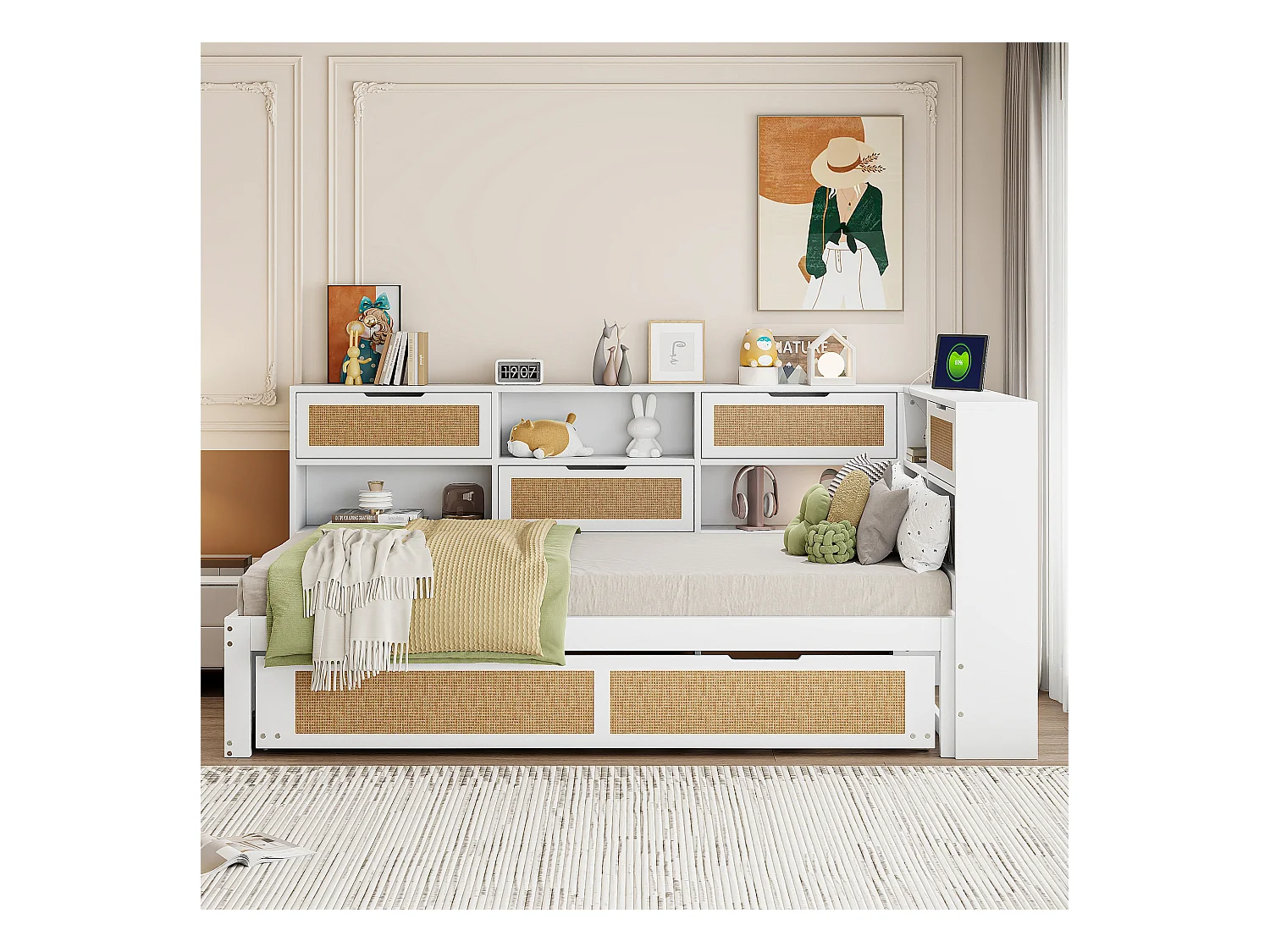 Canapé-lit en bois multifonction avec lit escamotable, rangements intégrés et prises USB, blanc (90x200 cm)