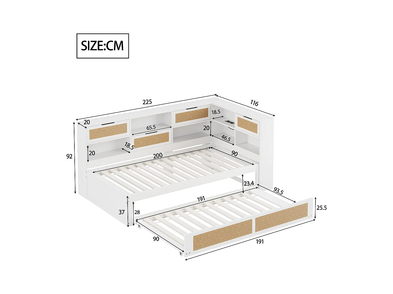 Canapé-lit en bois multifonction avec lit escamotable, rangements intégrés et prises USB, blanc (90x200 cm)
