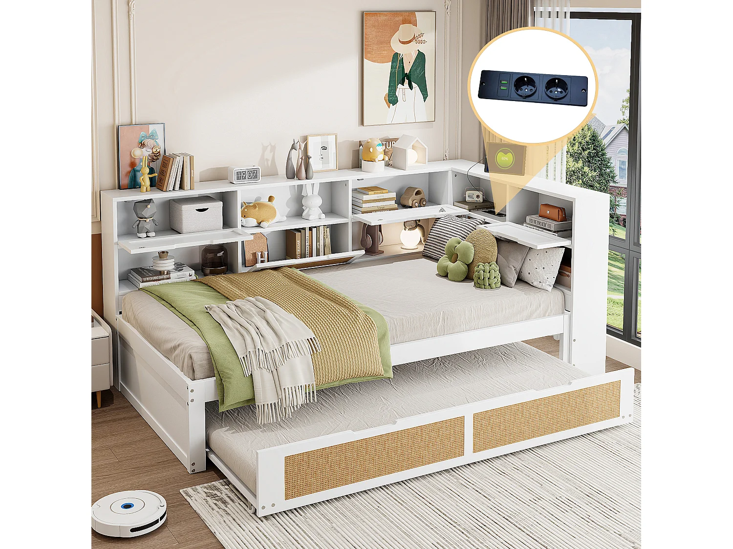 Canapé-lit en bois multifonction avec lit escamotable, rangements intégrés et prises USB, blanc (90x200 cm)