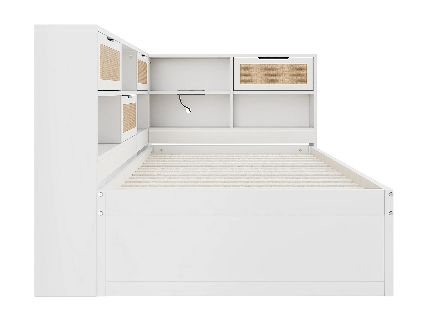 Canapé-lit en bois multifonction avec lit escamotable, rangements intégrés et prises USB, blanc (90x200 cm)