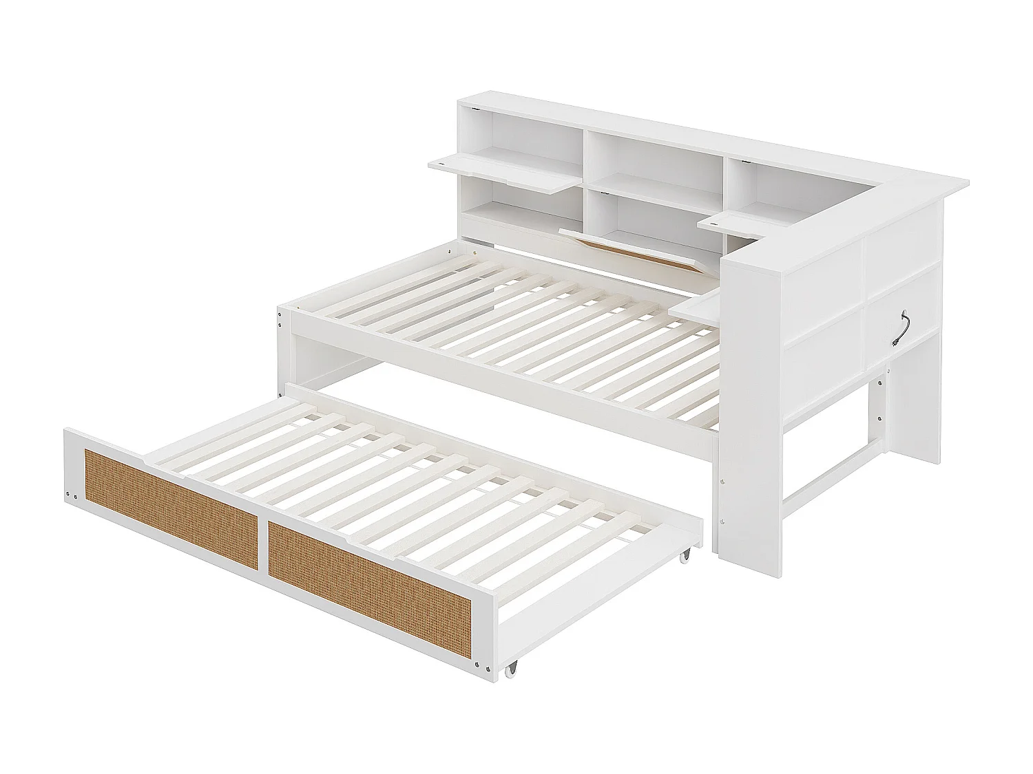 Canapé-lit en bois multifonction avec lit escamotable, rangements intégrés et prises USB, blanc (90x200 cm)