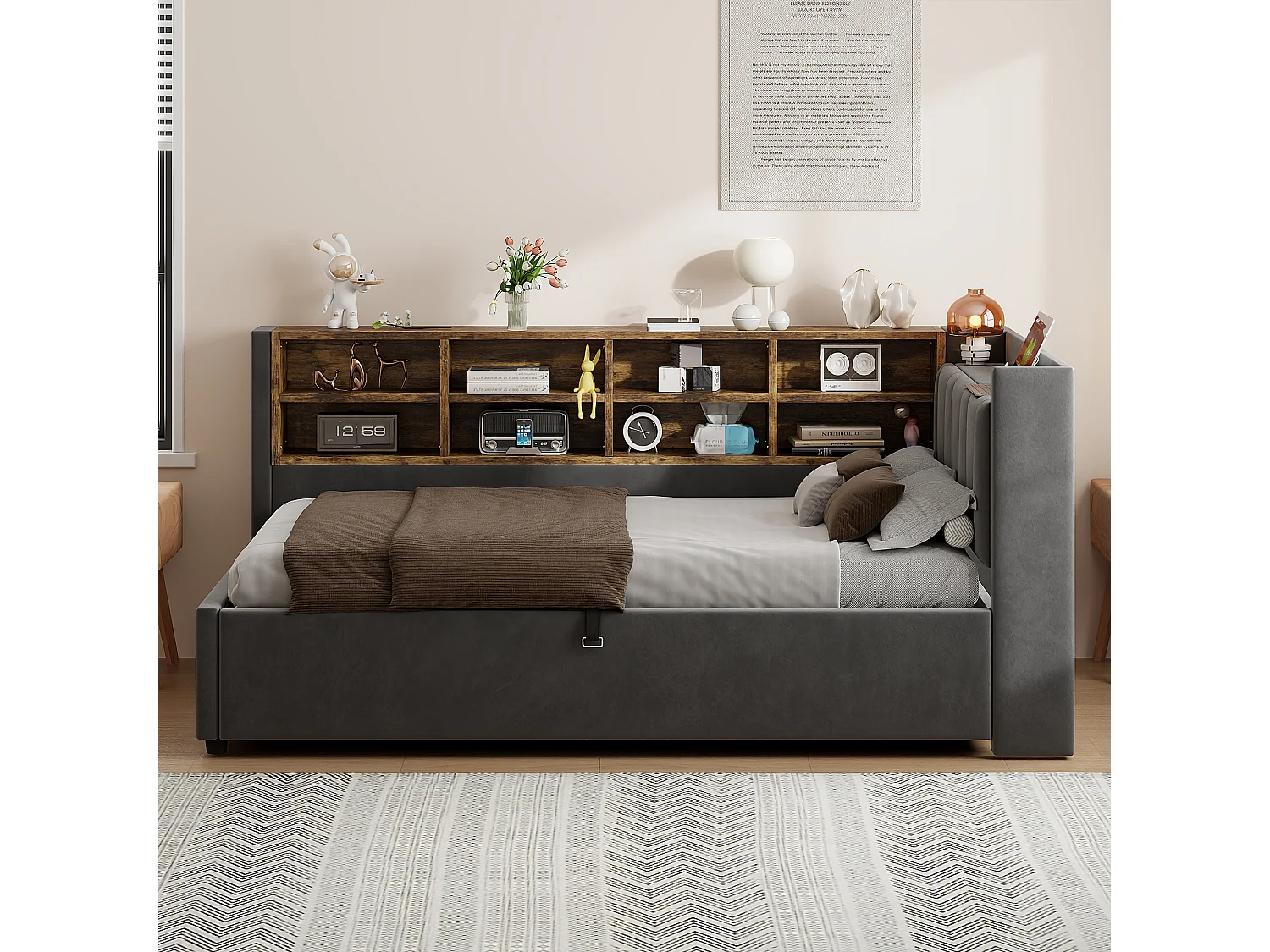 Canapé-lit velours multifonction, rangement hydraulique, LED, ports USB/Type-C, tête rembourrée, gris foncé (90x200x81cm)