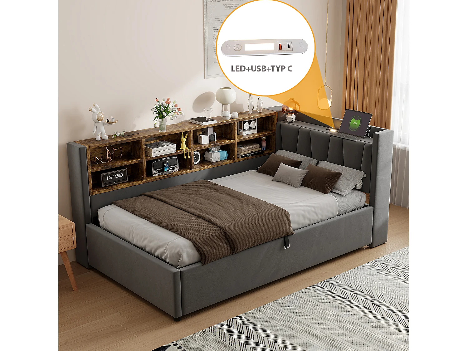 Canapé-lit velours multifonction, rangement hydraulique, LED, ports USB/Type-C, tête rembourrée, gris foncé (90x200x81cm)