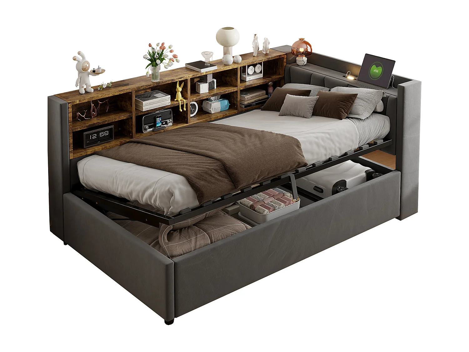 Canapé-lit velours multifonction, rangement hydraulique, LED, ports USB/Type-C, tête rembourrée, gris foncé (90x200x81cm)