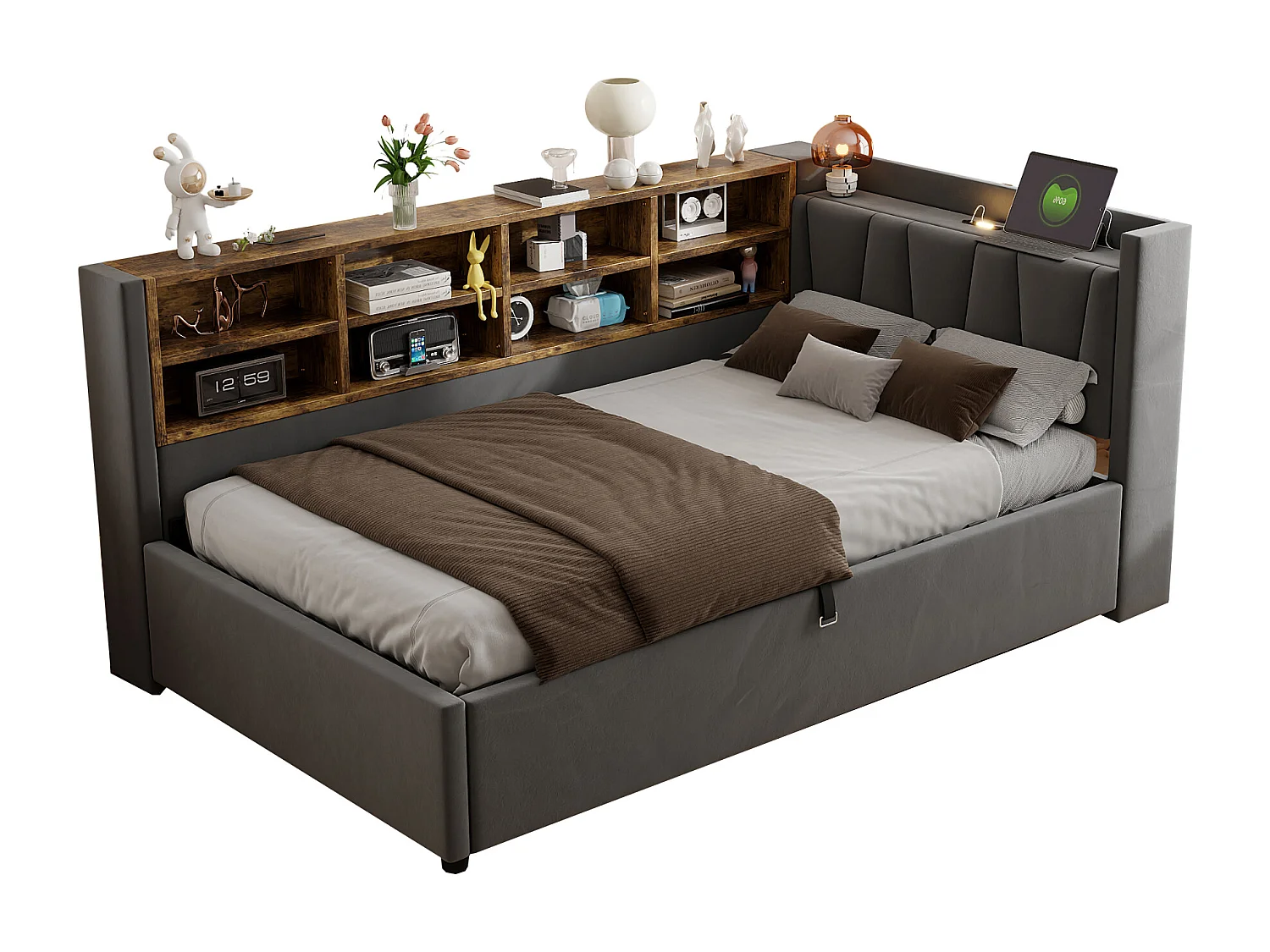 Canapé-lit velours multifonction, rangement hydraulique, LED, ports USB/Type-C, tête rembourrée, gris foncé (90x200x81cm)