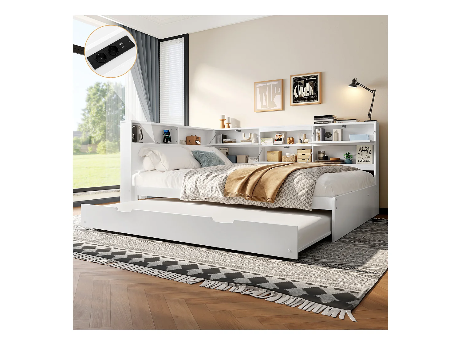 Divano letto a scomparsa, 140x200 cm, testiera con contenitore integrato, pino e MDF, bianco (216,5x160,5x88,5cm)