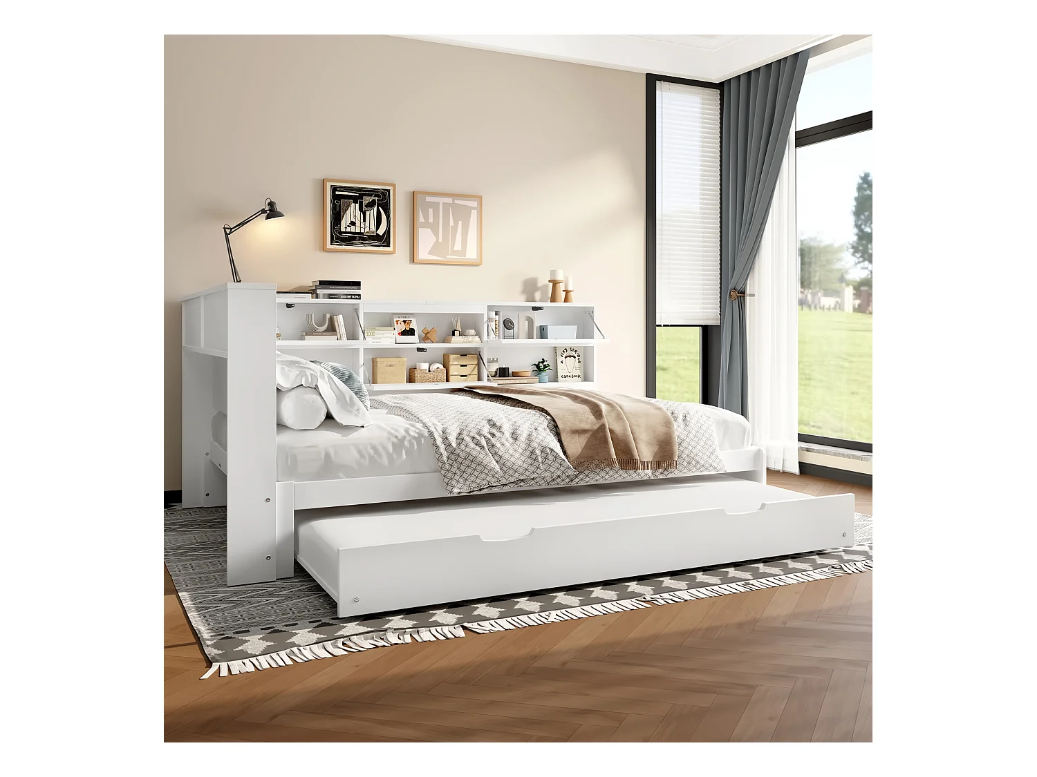 Divano letto a scomparsa, 140x200 cm, testiera con contenitore integrato, pino e MDF, bianco (216,5x160,5x88,5cm)
