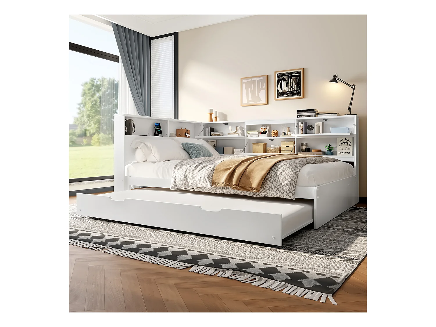 Divano letto a scomparsa, 140x200 cm, testiera con contenitore integrato, pino e MDF, bianco (216,5x160,5x88,5cm)