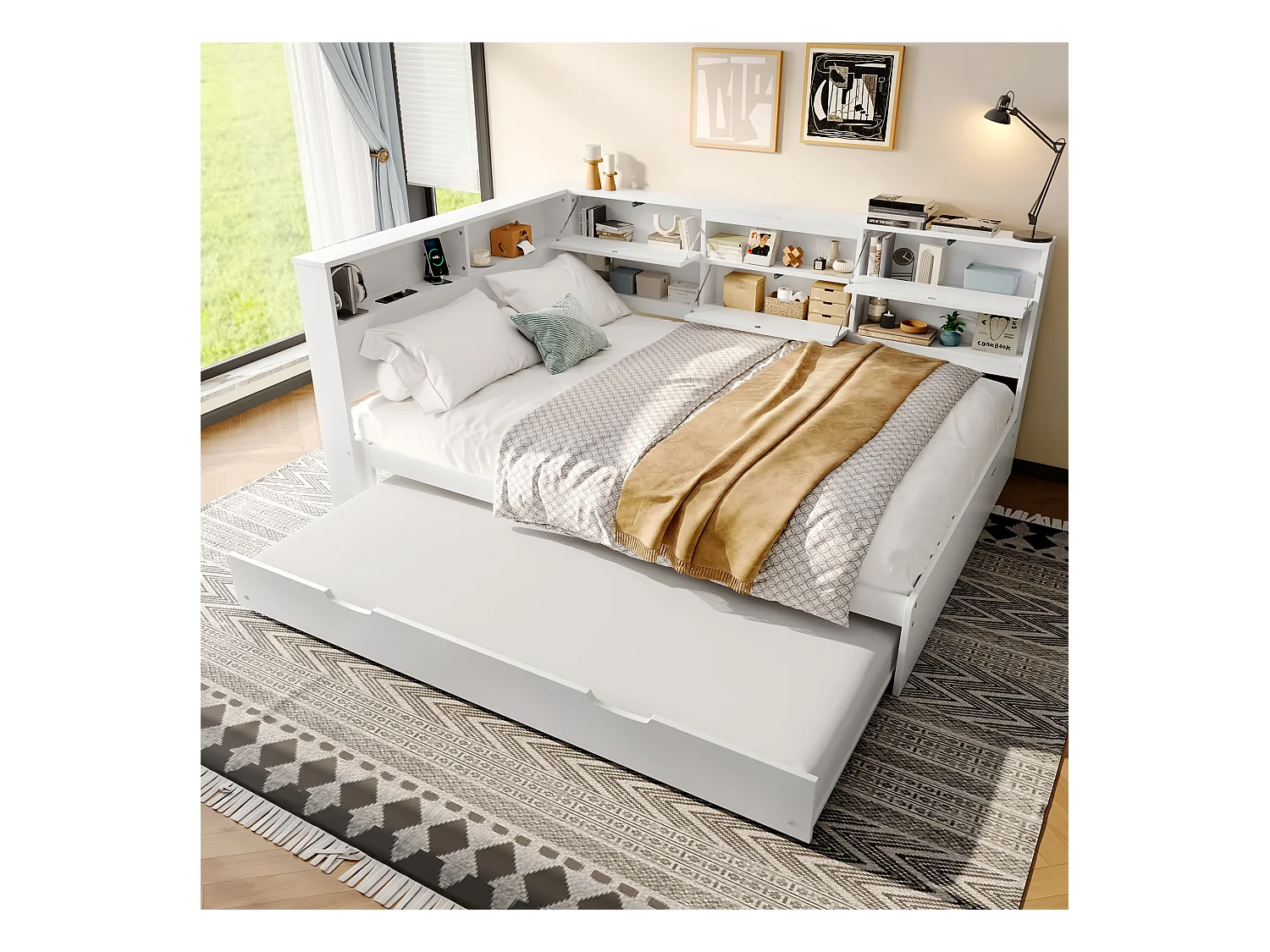 Divano letto a scomparsa, 140x200 cm, testiera con contenitore integrato, pino e MDF, bianco (216,5x160,5x88,5cm)