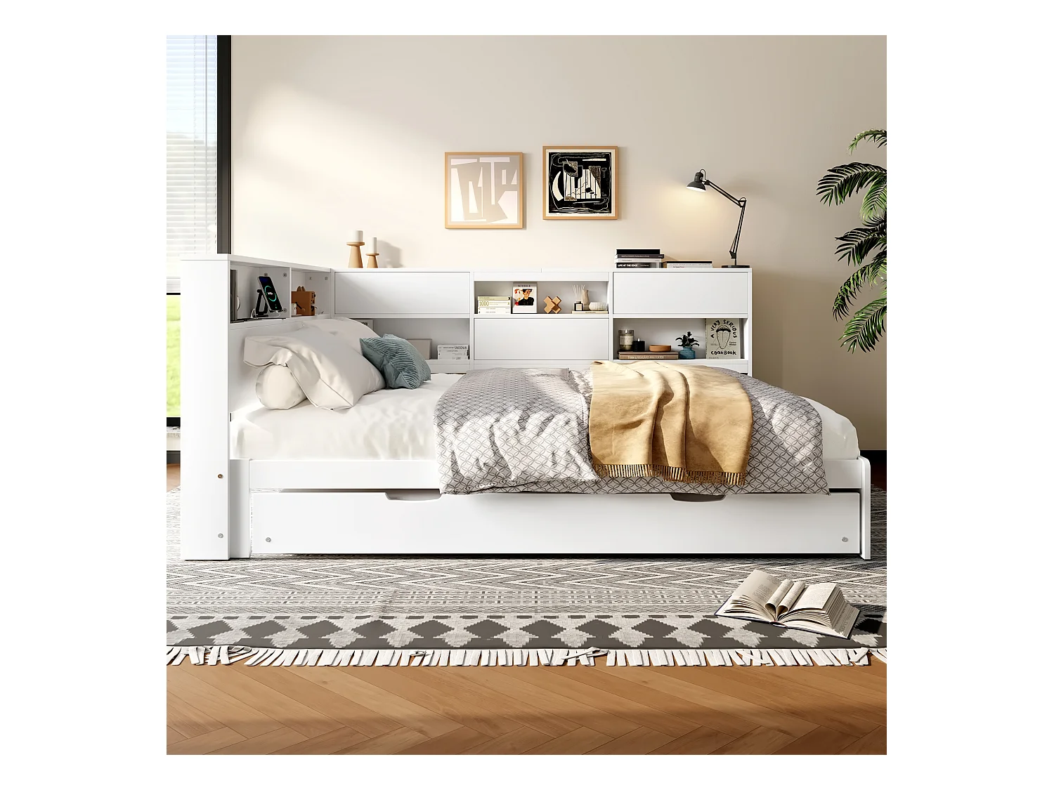 Divano letto a scomparsa, 140x200 cm, testiera con contenitore integrato, pino e MDF, bianco (216,5x160,5x88,5cm)