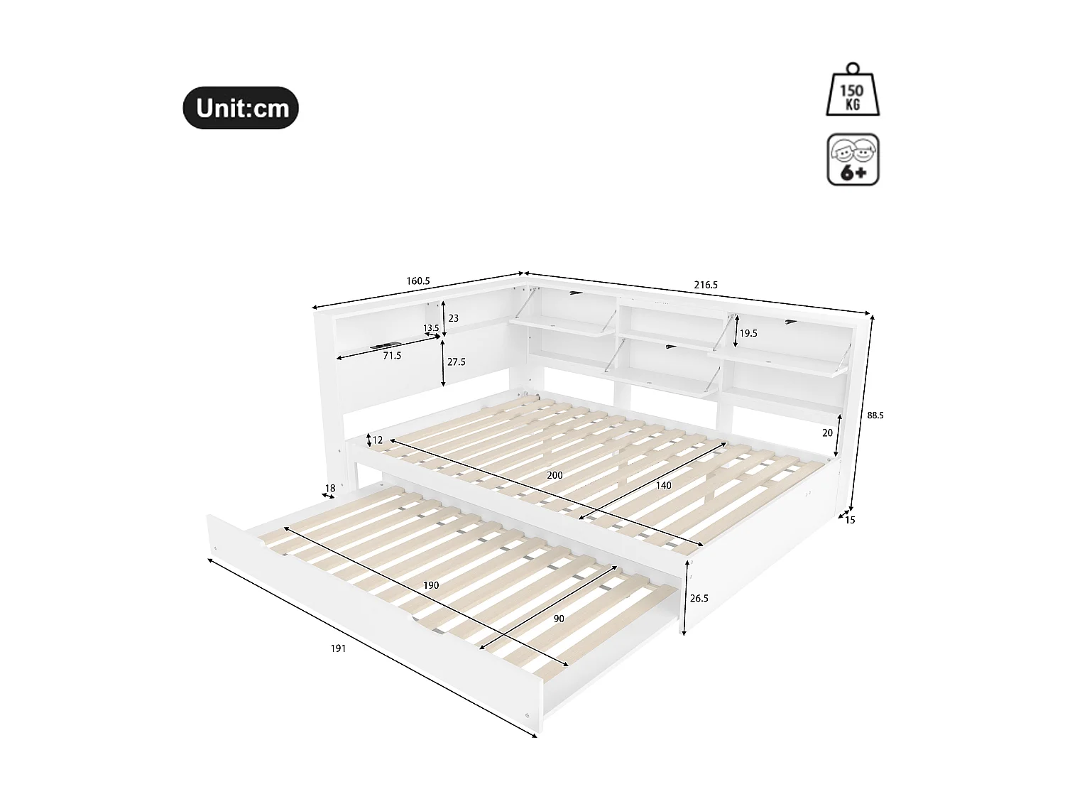 Divano letto a scomparsa, 140x200 cm, testiera con contenitore integrato, pino e MDF, bianco (216,5x160,5x88,5cm)